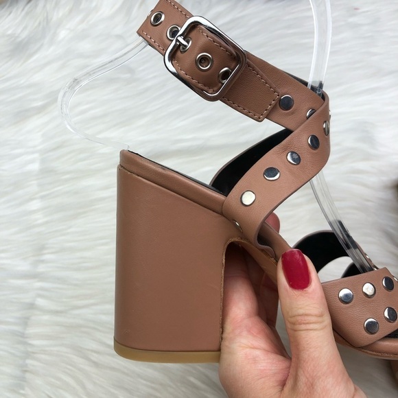 New AGL Tan Studded Ankle Wrap Leather Block Heels - Picture 11 of 14